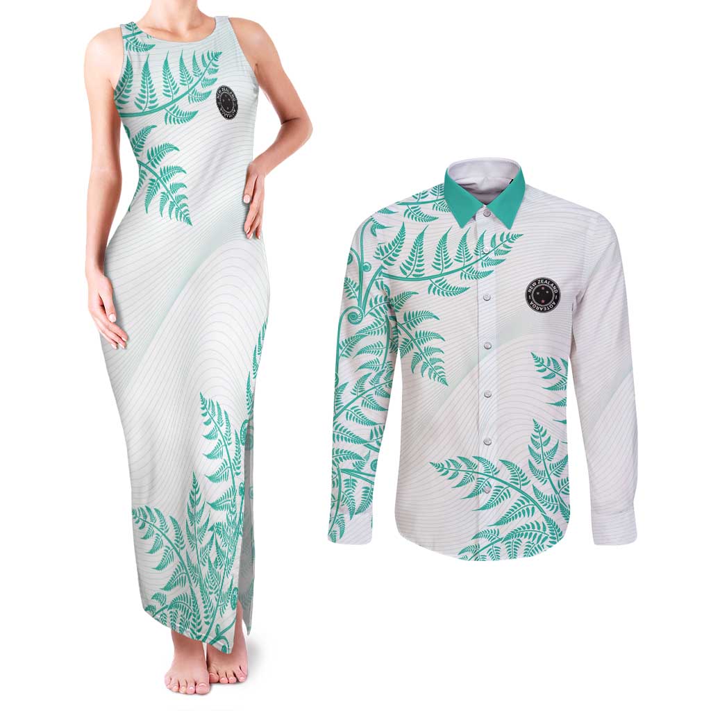 Custom New Zealand Football Couples Matching Tank Maxi Dress and Long Sleeve Button Shirt Aotearoa Pride Aqua Version - Polynesian Pride