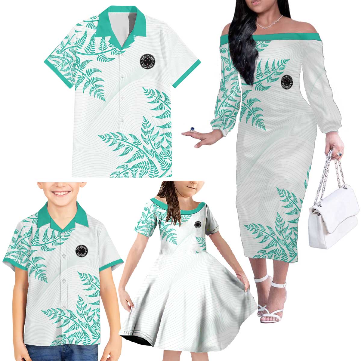 Custom New Zealand Football Family Matching Off The Shoulder Long Sleeve Dress and Hawaiian Shirt Aotearoa Pride Aqua Version - Polynesian Pride