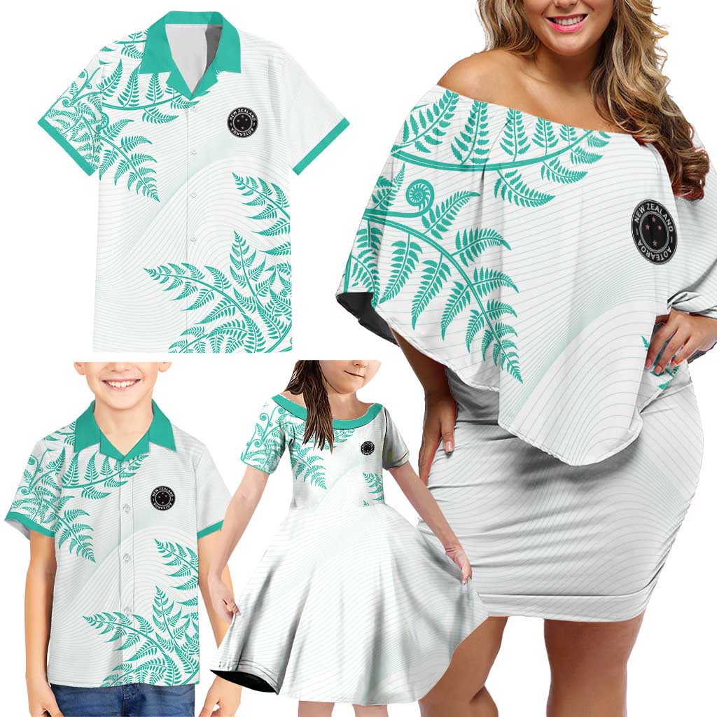 Custom New Zealand Football Family Matching Off Shoulder Short Dress and Hawaiian Shirt Aotearoa Pride Aqua Version - Polynesian Pride