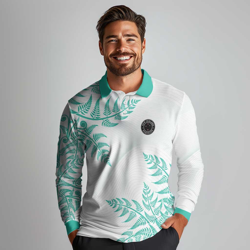 Custom New Zealand Football Long Sleeve Polo Shirt Aotearoa Pride Aqua Version - Polynesian Pride