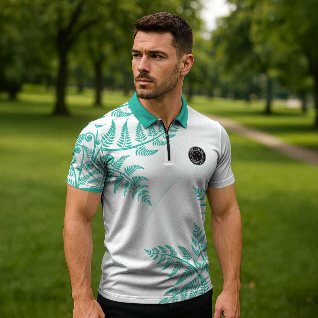 Custom New Zealand Football Zipper Polo Shirt Aotearoa Pride Aqua Version - Polynesian Pride