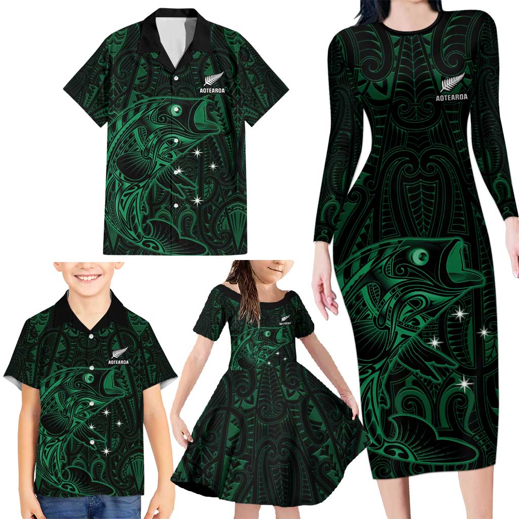 Custom New Zealand Fishing Family Matching Long Sleeve Bodycon Dress and Hawaiian Shirt Maori Tribal Pattern - Polynesian Pride
