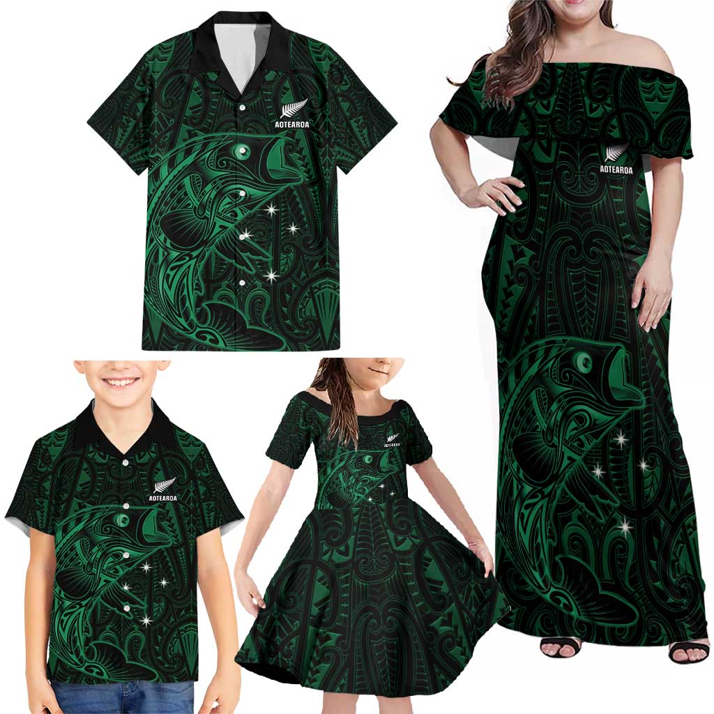 Custom New Zealand Fishing Family Matching Off Shoulder Maxi Dress and Hawaiian Shirt Maori Tribal Pattern - Polynesian Pride