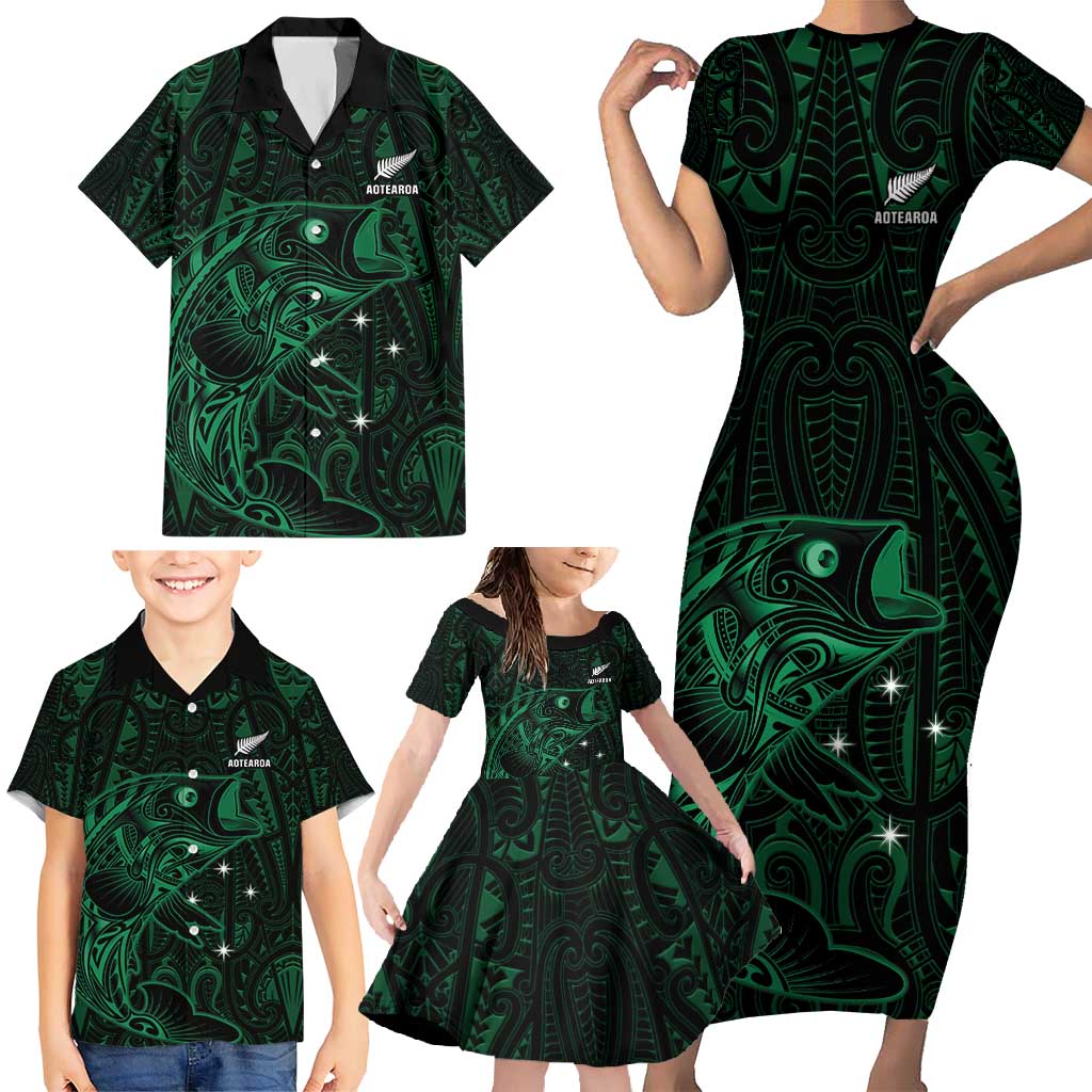 Custom New Zealand Fishing Family Matching Short Sleeve Bodycon Dress and Hawaiian Shirt Maori Tribal Pattern - Polynesian Pride