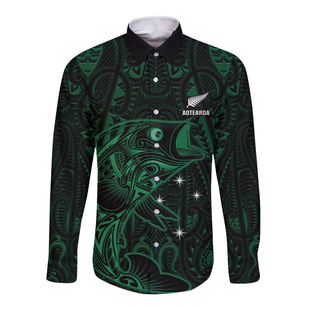 Custom New Zealand Fishing Long Sleeve Button Shirt Maori Tribal Pattern - Polynesian Pride