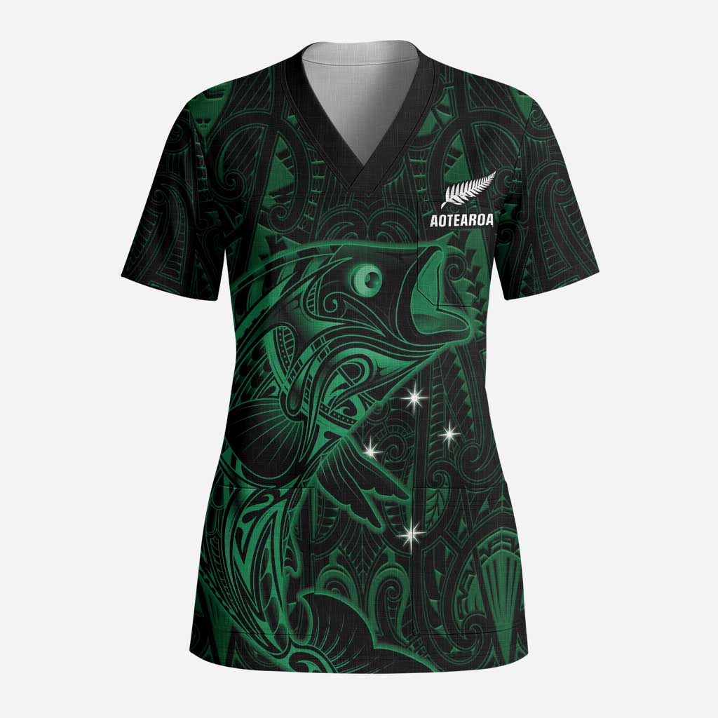 Custom New Zealand Fishing Scrub Top Maori Tribal Pattern - Polynesian Pride