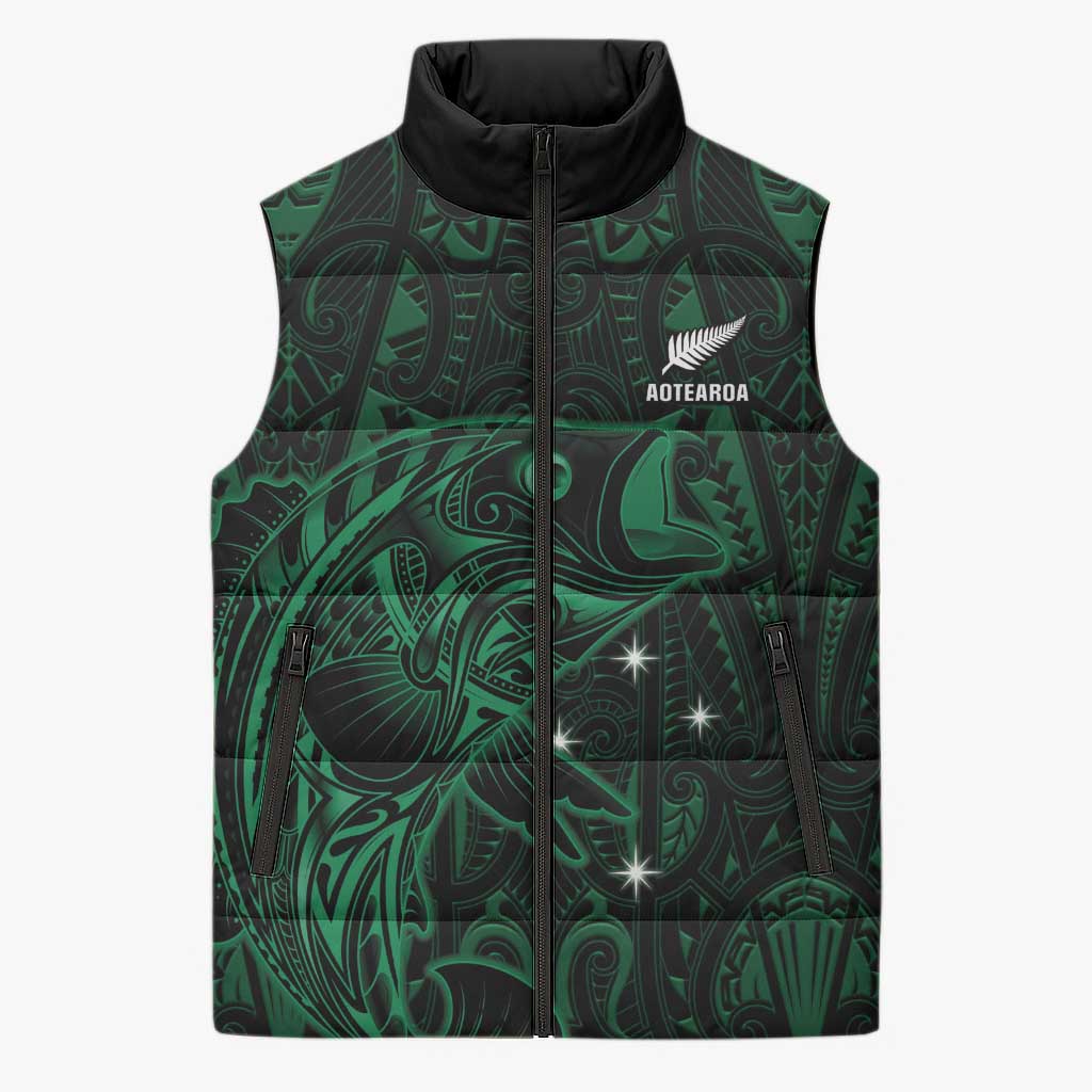 Custom New Zealand Fishing Sleeveless Puffer Jacket Maori Tribal Pattern - Polynesian Pride