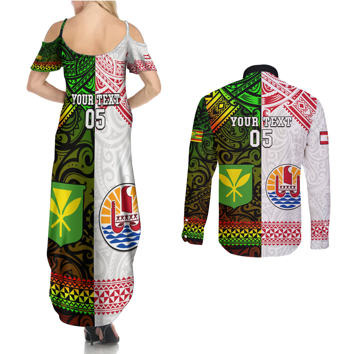 Custom Hawaii And Tahiti Couples Matching Summer Maxi Dress and Long Sleeve Button Shirt Coat Of Arms Polynesian Pattern LT05 - Polynesian Pride