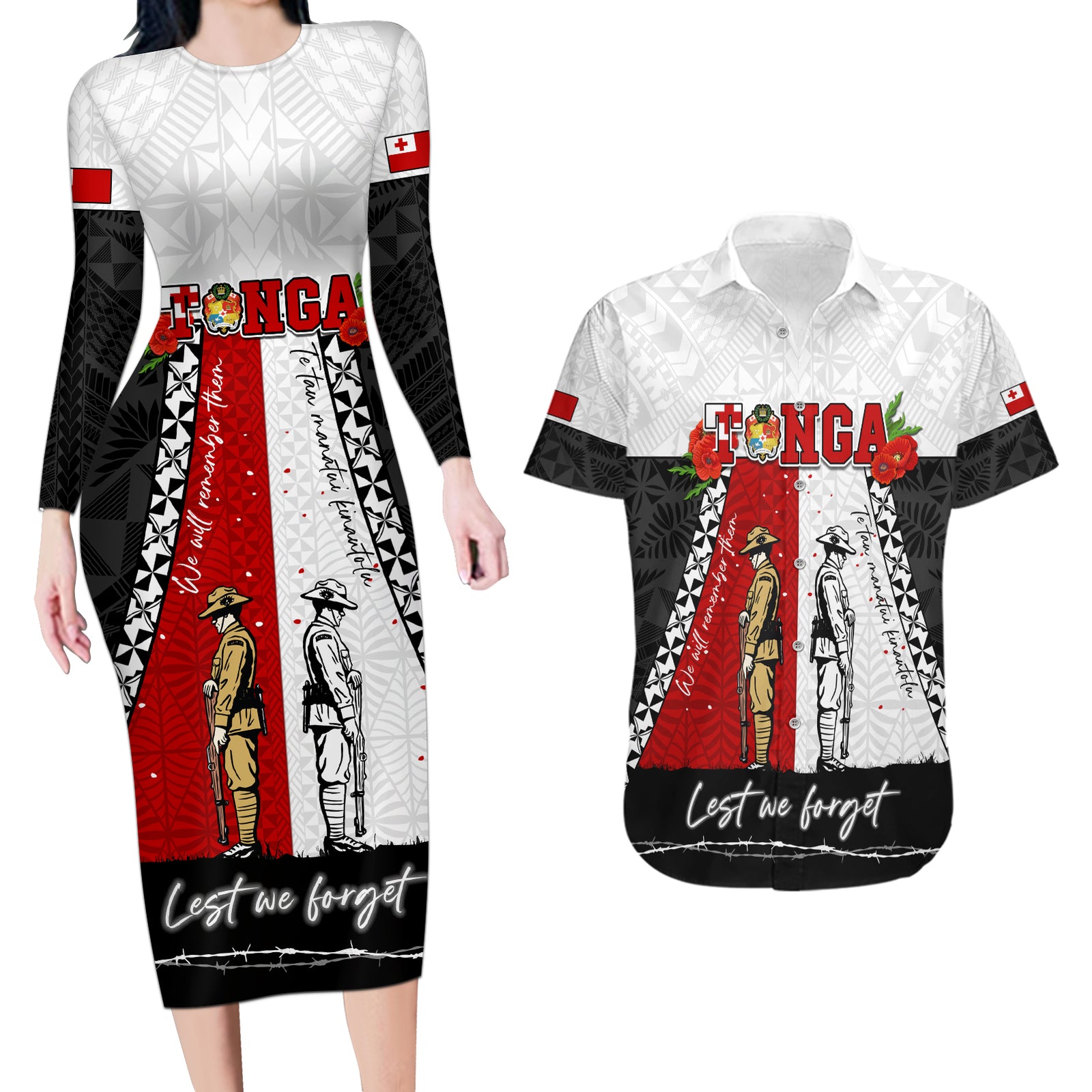 Personalised Tonga ANZAC Day Te Tau Manatui Kinautolu Couples Matching Long Sleeve Bodycon Dress and Hawaiian Shirt Lest We Forget LT05 White - Polynesian Pride
