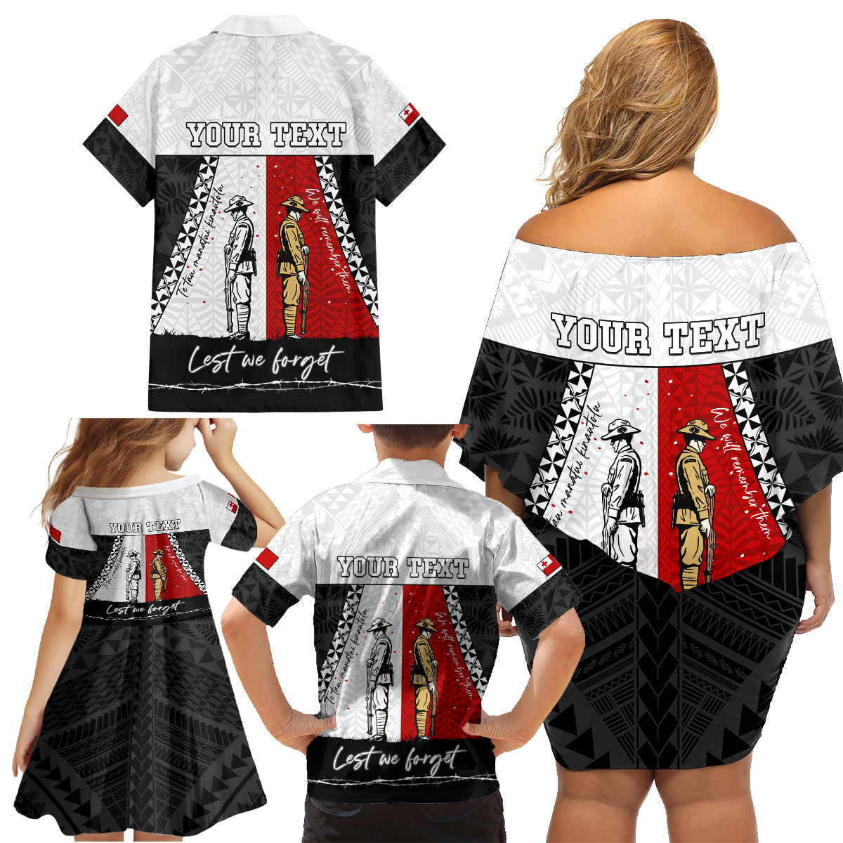 Personalised Tonga ANZAC Day Te Tau Manatui Kinautolu Family Matching Off Shoulder Short Dress and Hawaiian Shirt Lest We Forget LT05 - Polynesian Pride