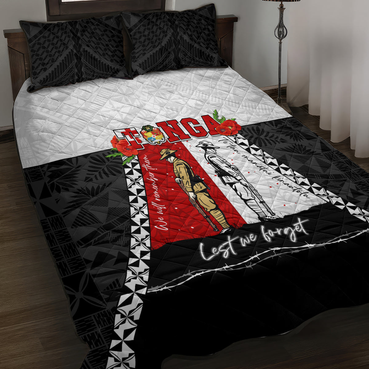 Tonga ANZAC Day Te Tau Manatui Kinautolu Quilt Bed Set Lest We Forget LT05 White - Polynesian Pride