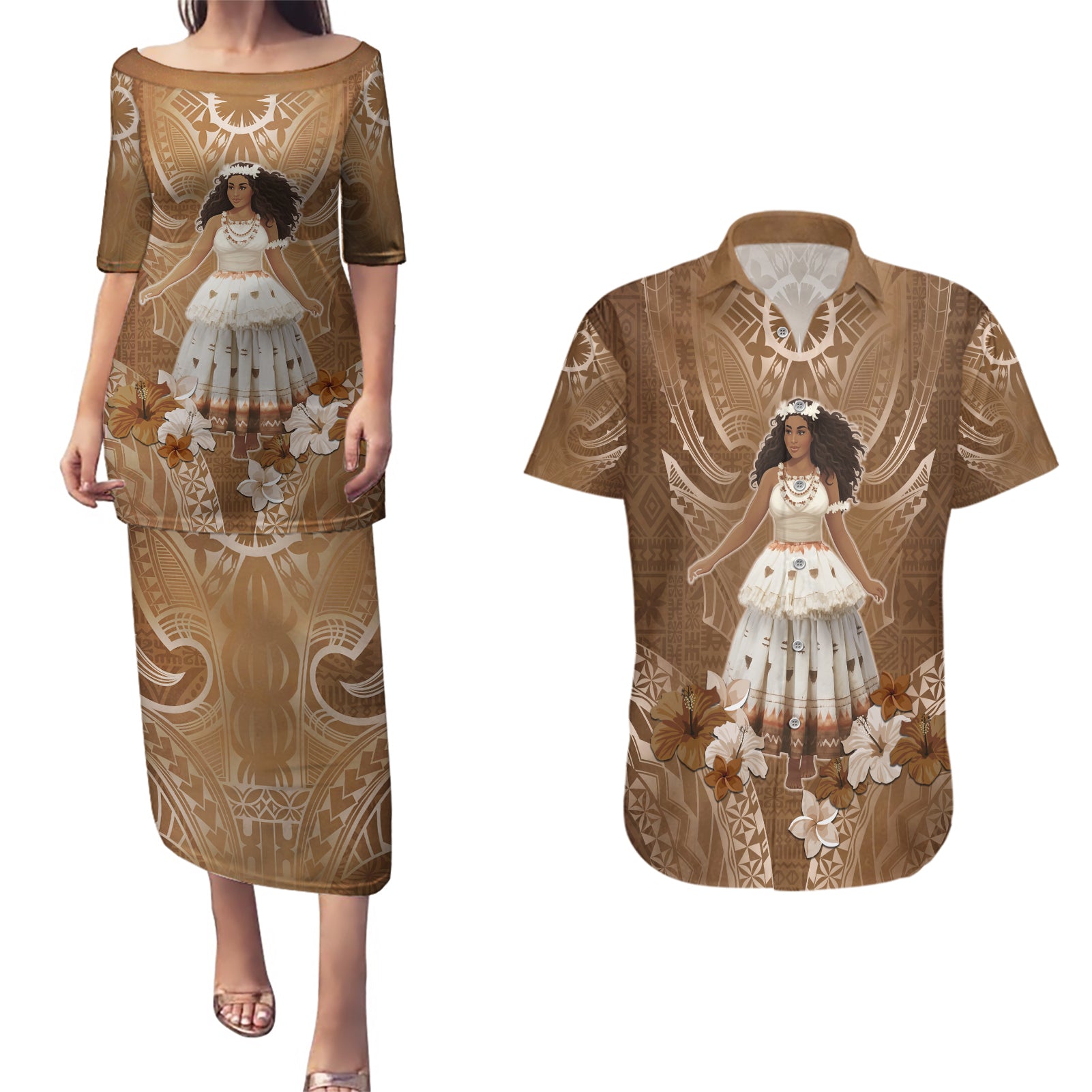 Bula Fiji Women's Day Couples Matching Puletasi and Hawaiian Shirt With Fijian Tapa Pattern LT05 Brown - Polynesian Pride