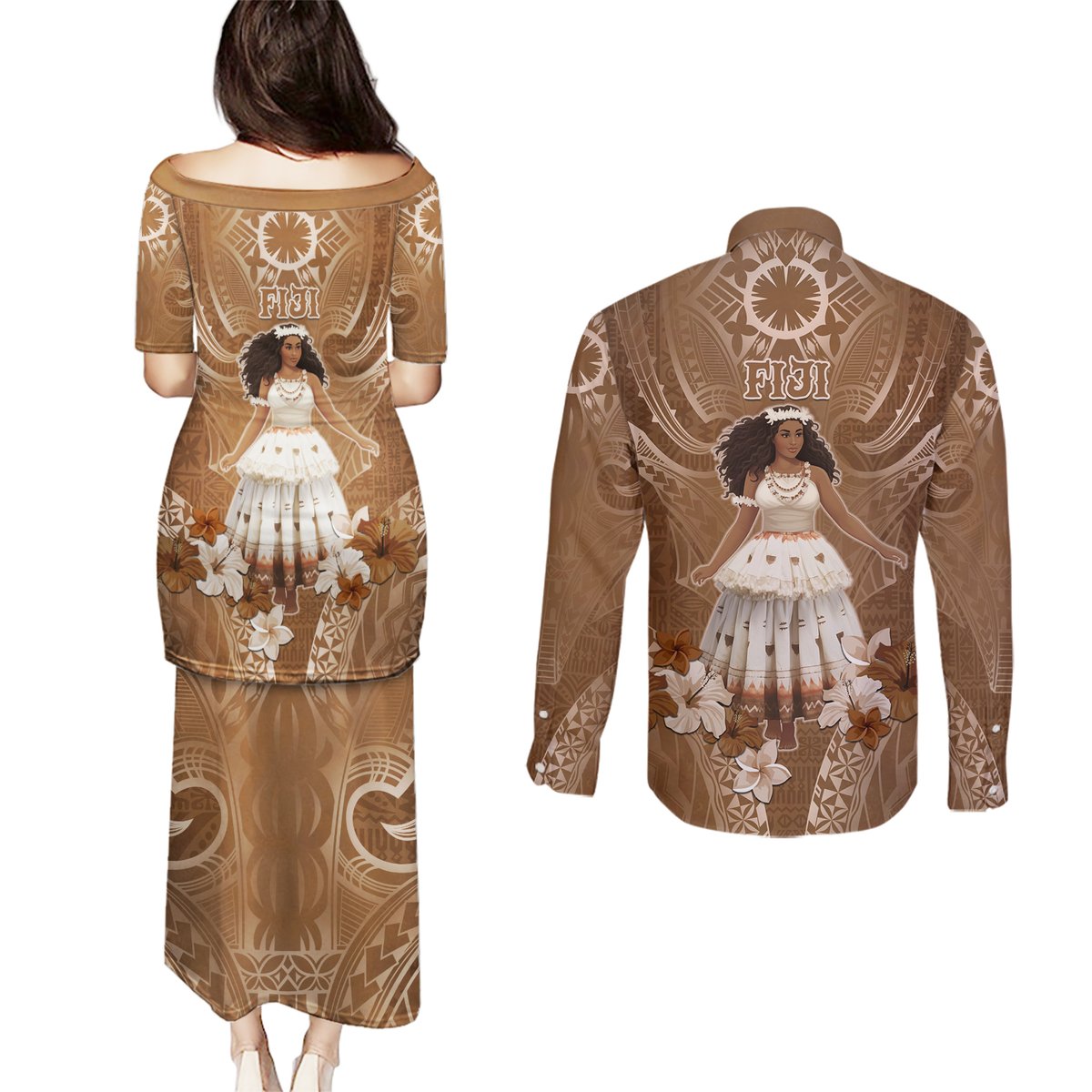 Bula Fiji Women's Day Couples Matching Puletasi and Long Sleeve Button Shirt With Fijian Tapa Pattern LT05 - Polynesian Pride