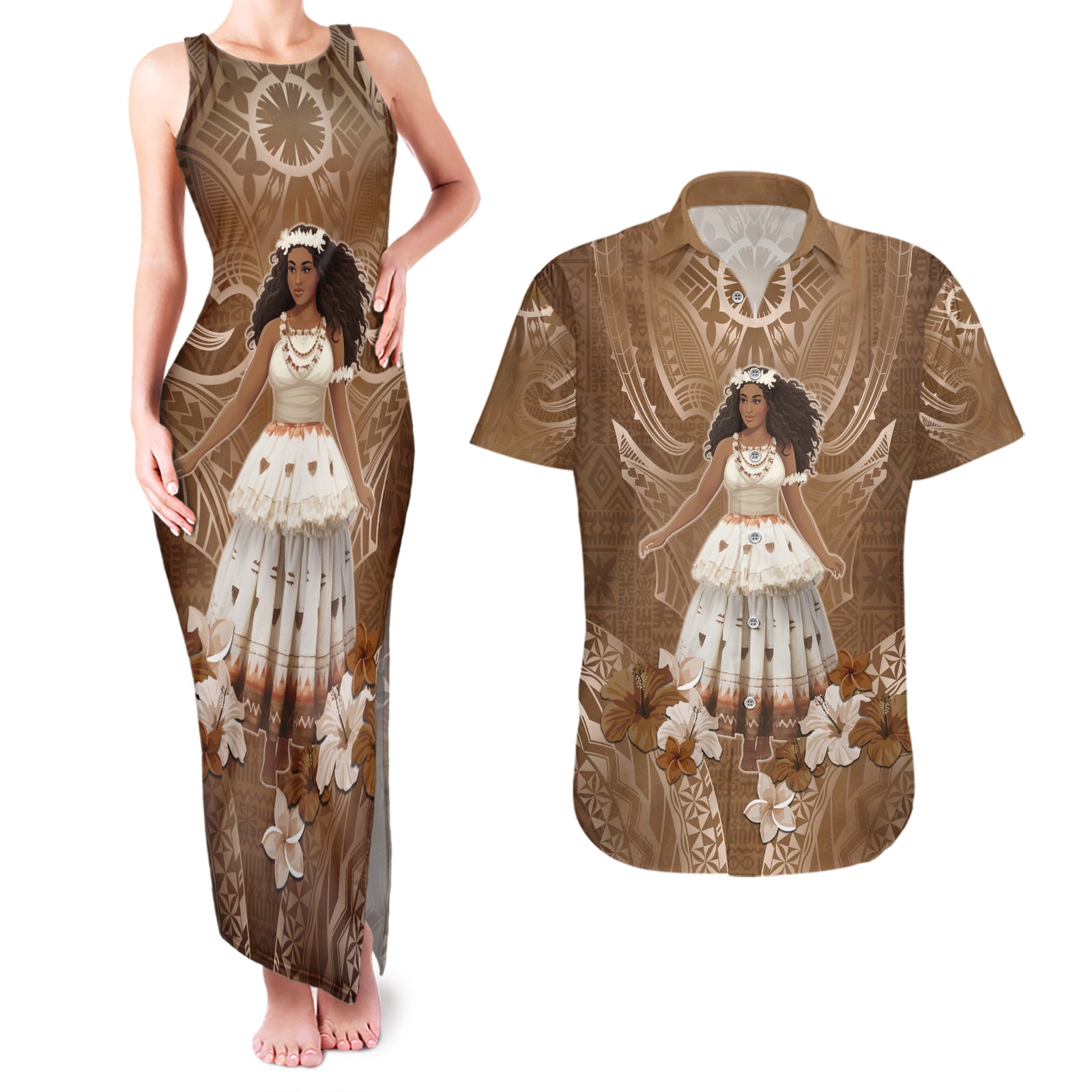 Bula Fiji Women's Day Couples Matching Tank Maxi Dress and Hawaiian Shirt With Fijian Tapa Pattern LT05 Brown - Polynesian Pride