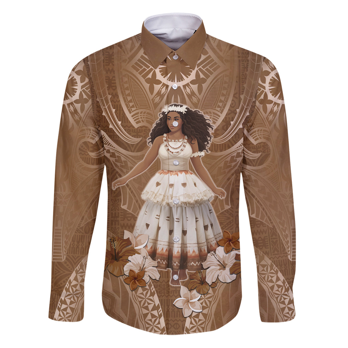 Bula Fiji Women's Day Family Matching Puletasi and Hawaiian Shirt With Fijian Tapa Pattern LT05 Dad's Shirt - Long Sleeve Brown - Polynesian Pride