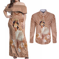 Hawaii Women's Day Couples Matching Off Shoulder Maxi Dress and Long Sleeve Button Shirt With Polynesian Pattern LT05 Brown - Polynesian Pride