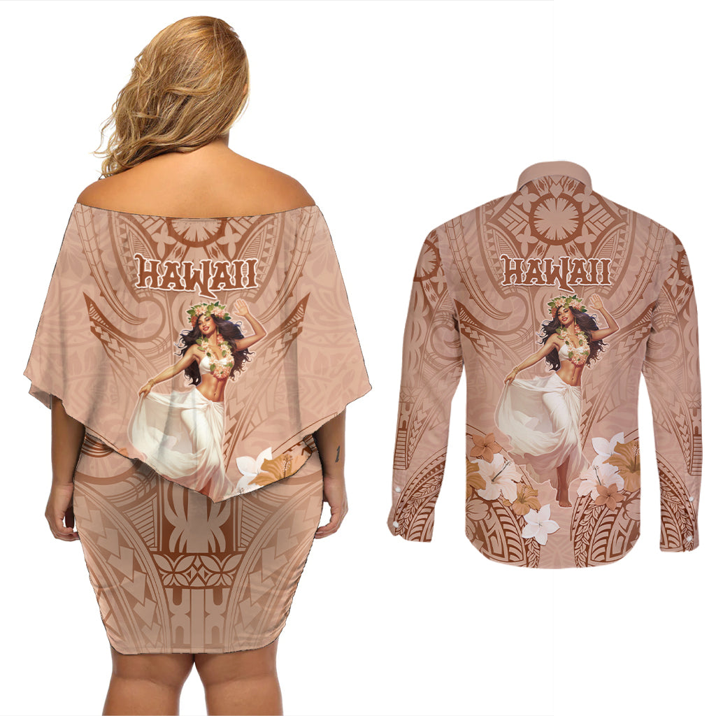 Hawaii Women's Day Couples Matching Off Shoulder Short Dress and Long Sleeve Button Shirt With Polynesian Pattern LT05 - Polynesian Pride
