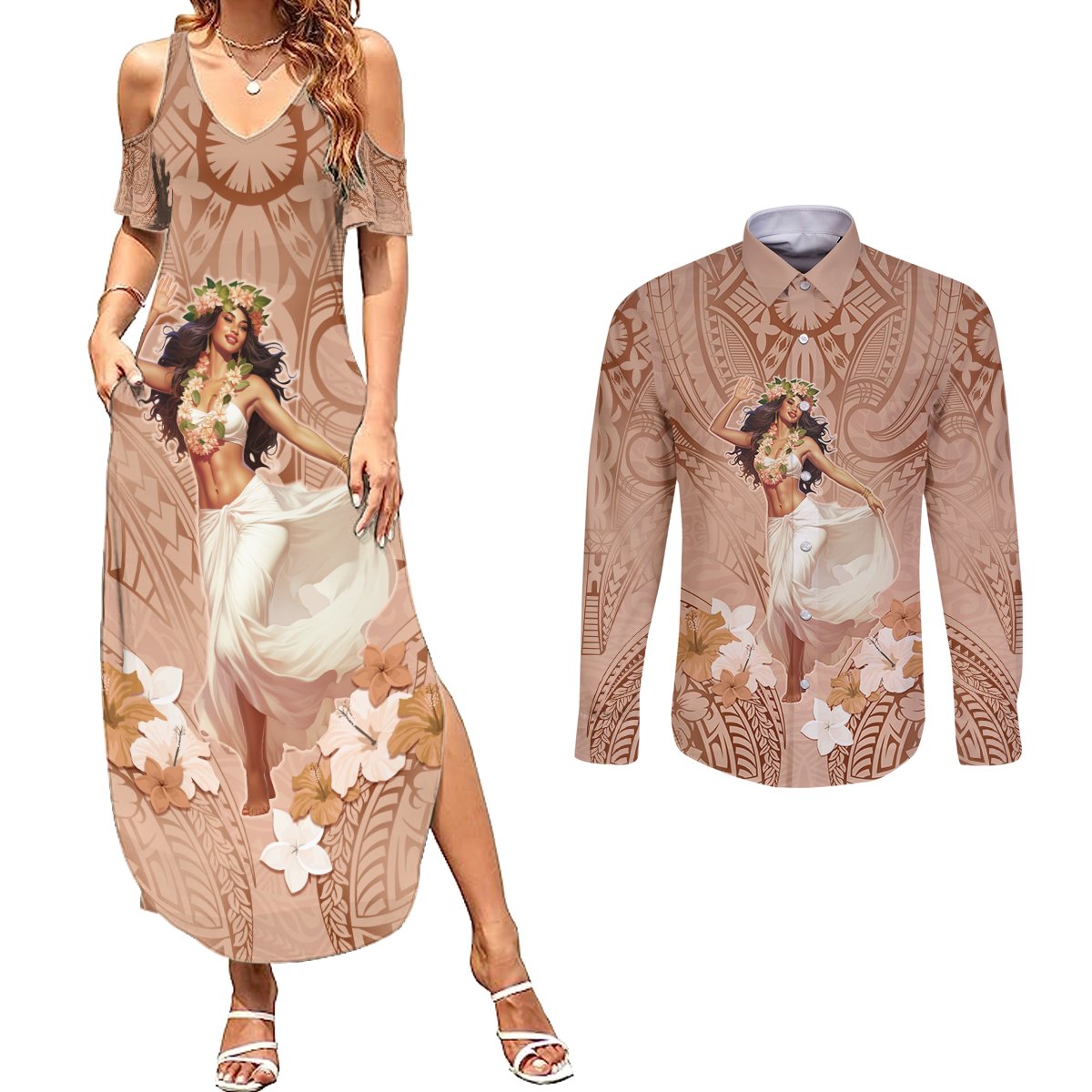 Hawaii Women's Day Couples Matching Summer Maxi Dress and Long Sleeve Button Shirt With Polynesian Pattern LT05 Brown - Polynesian Pride
