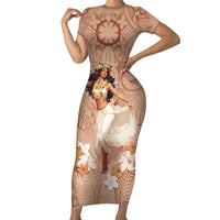 Hawaii Women's Day Short Sleeve Bodycon Dress With Polynesian Pattern LT05 Long Dress Brown - Polynesian Pride