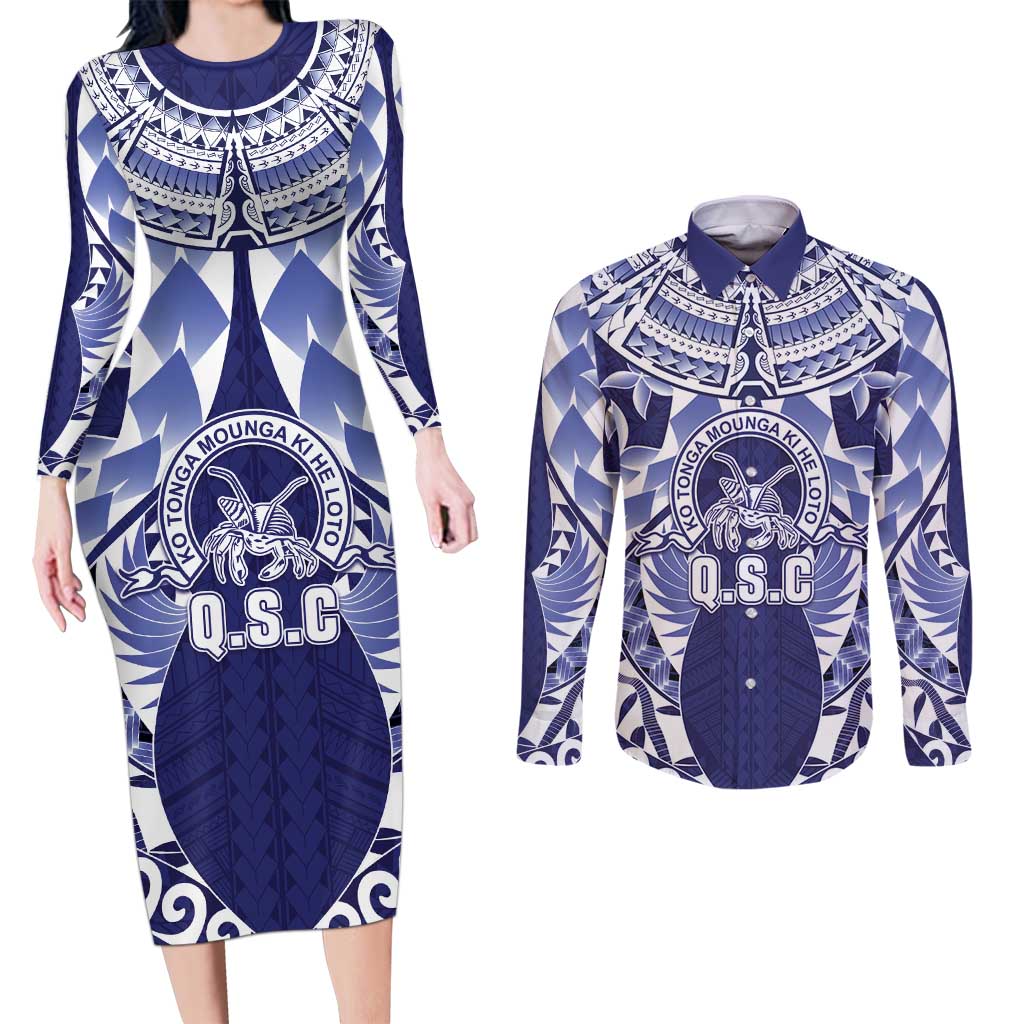 Personalised Tonga Queen Salote College Couples Matching Long Sleeve Bodycon Dress and Long Sleeve Button Shirt Centenary Navy Version