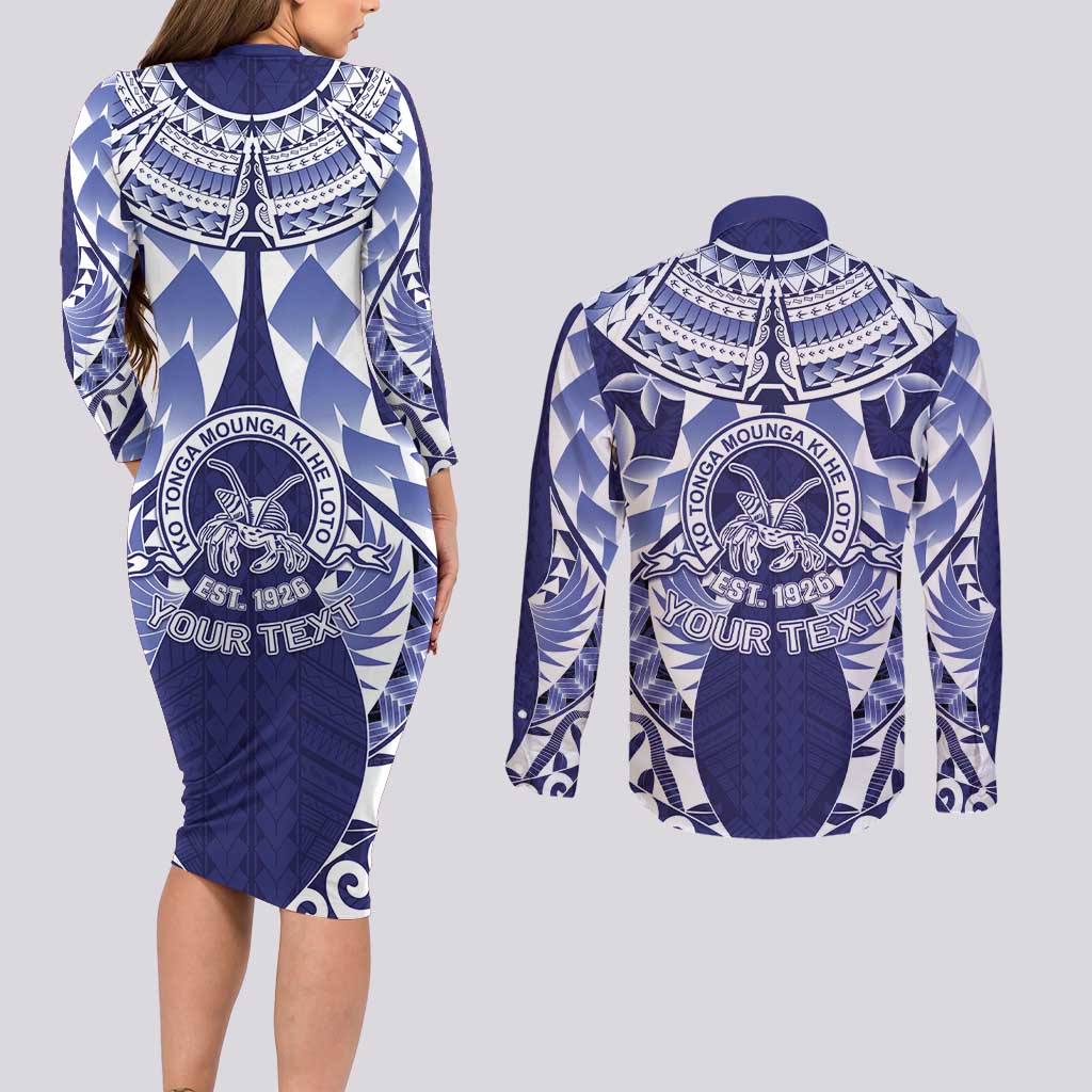 Personalised Tonga Queen Salote College Couples Matching Long Sleeve Bodycon Dress and Long Sleeve Button Shirt Centenary Navy Version