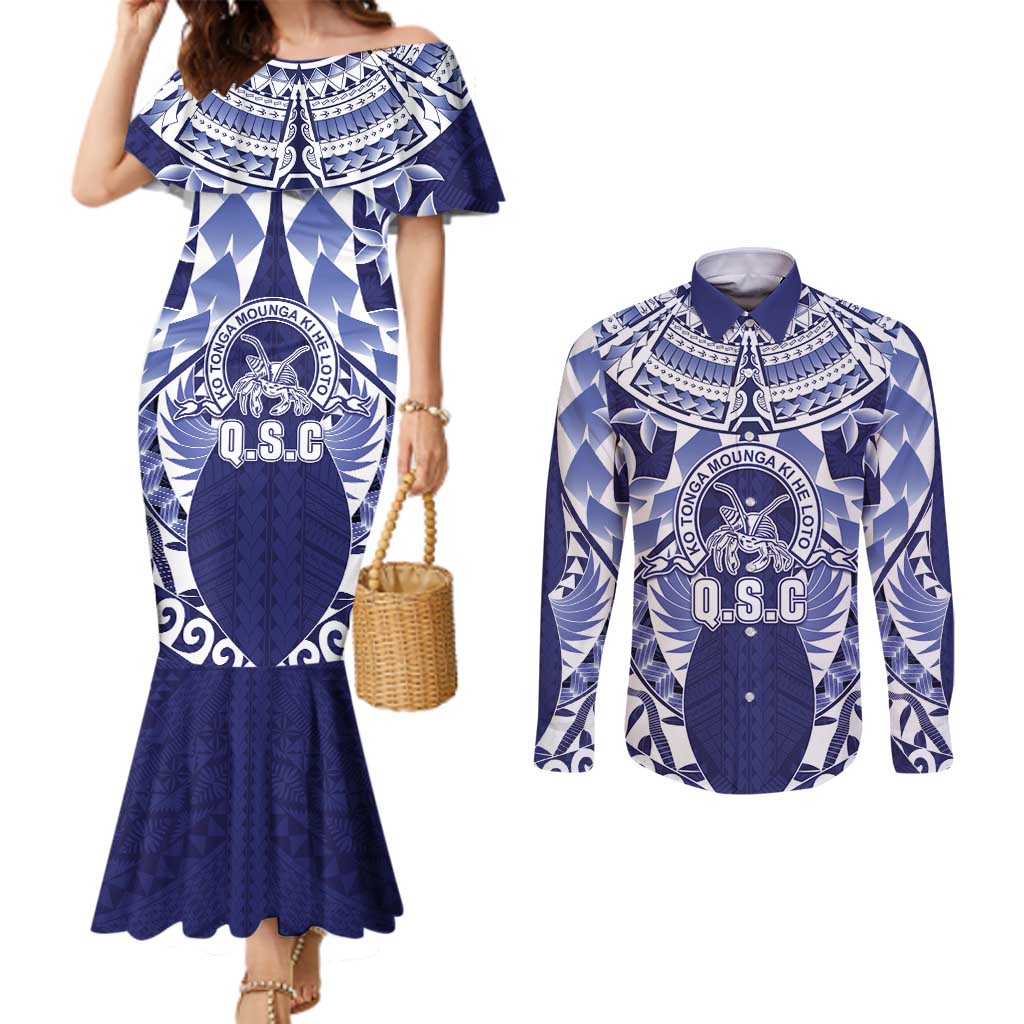 Personalised Tonga Queen Salote College Couples Matching Mermaid Dress and Long Sleeve Button Shirt Centenary Navy Version LT05 Navy - Polynesian Pride