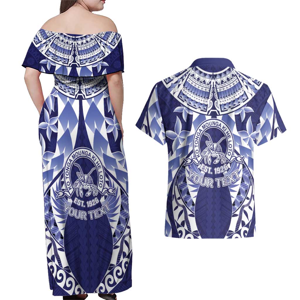 Personalised Tonga Queen Salote College Couples Matching Off Shoulder Maxi Dress and Hawaiian Shirt Centenary Navy Version LT05 - Polynesian Pride