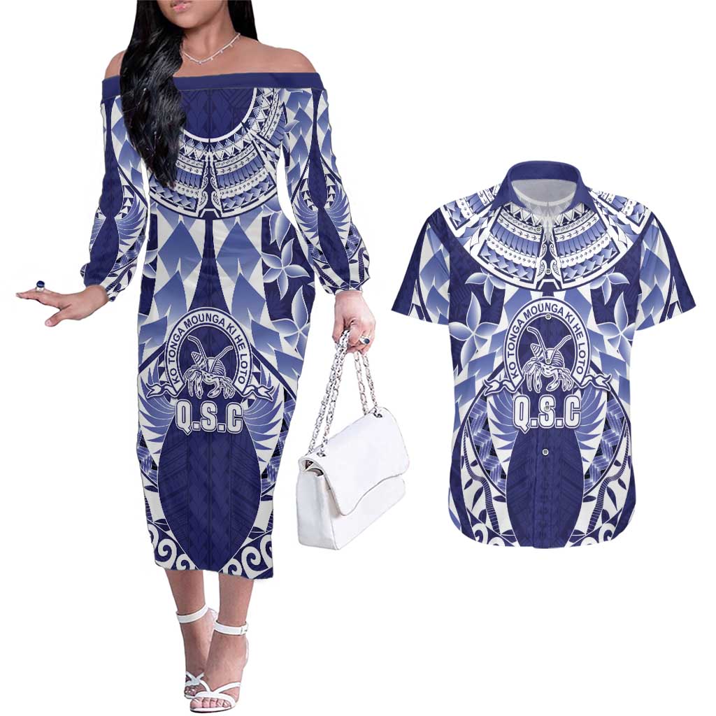 Personalised Tonga Queen Salote College Couples Matching Off The Shoulder Long Sleeve Dress and Hawaiian Shirt Centenary Navy Version LT05 Navy - Polynesian Pride