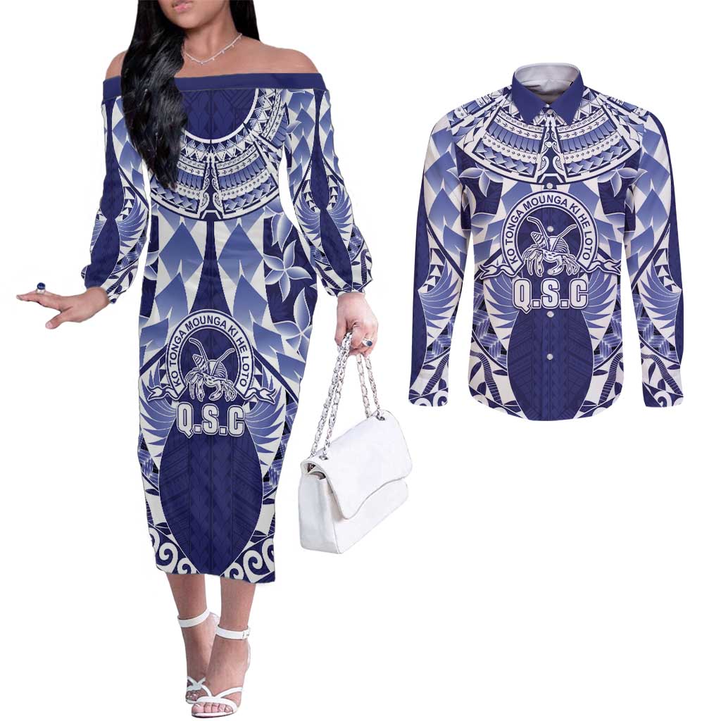 Personalised Tonga Queen Salote College Couples Matching Off The Shoulder Long Sleeve Dress and Long Sleeve Button Shirt Centenary Navy Version LT05 Navy - Polynesian Pride