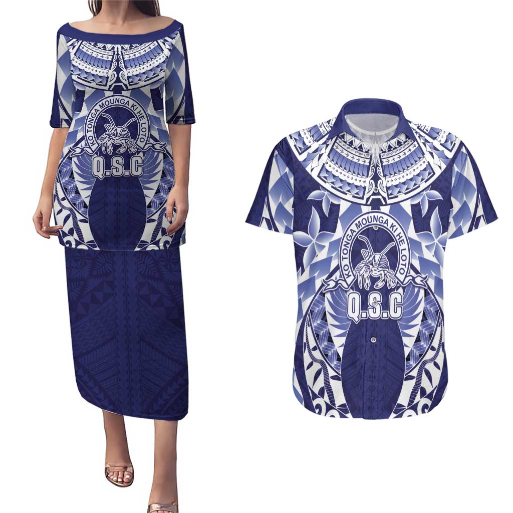 Personalised Tonga Queen Salote College Couples Matching Puletasi and Hawaiian Shirt Centenary Navy Version LT05 Navy - Polynesian Pride