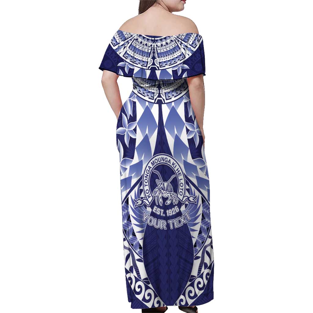 Personalised Tonga Queen Salote College Family Matching Off Shoulder Maxi Dress and Hawaiian Shirt Centenary Navy Version