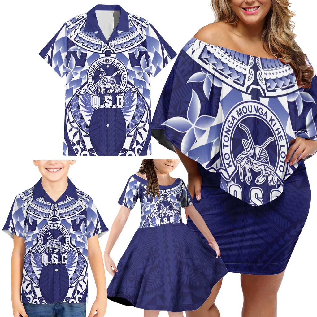 Personalised Tonga Queen Salote College Family Matching Off Shoulder Short Dress and Hawaiian Shirt Centenary Navy Version