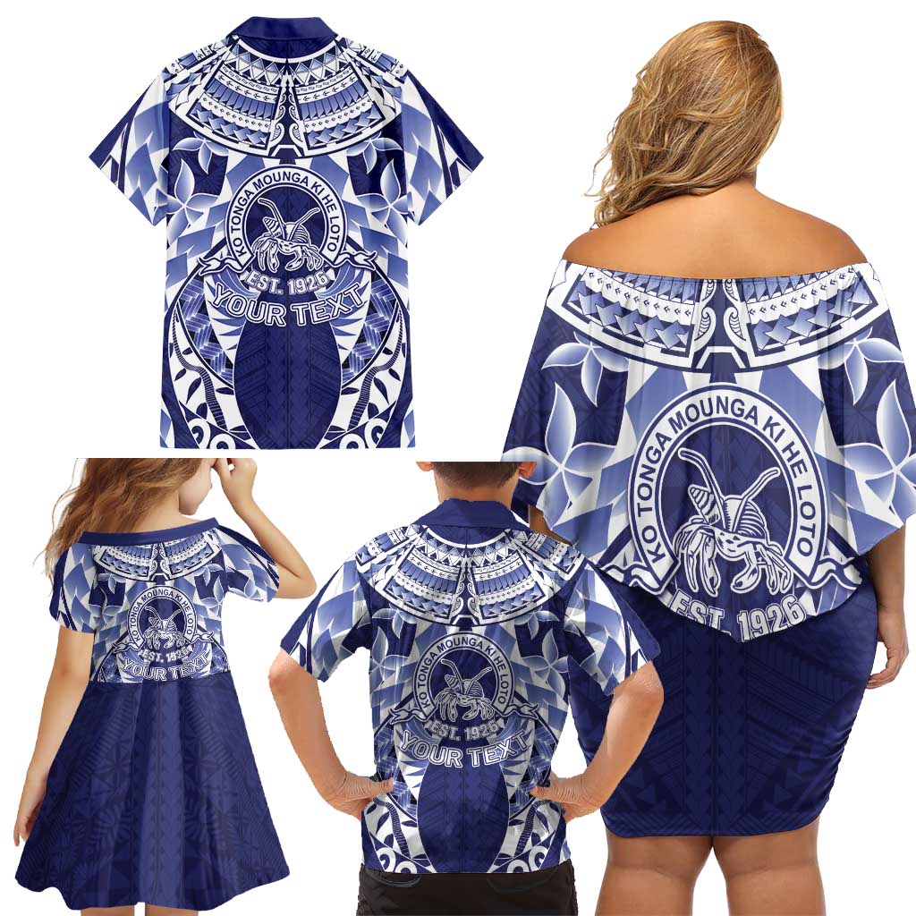 Personalised Tonga Queen Salote College Family Matching Off Shoulder Short Dress and Hawaiian Shirt Centenary Navy Version