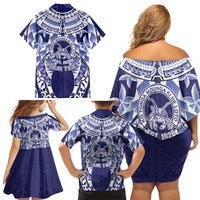 Personalised Tonga Queen Salote College Family Matching Off Shoulder Short Dress and Hawaiian Shirt Centenary Navy Version