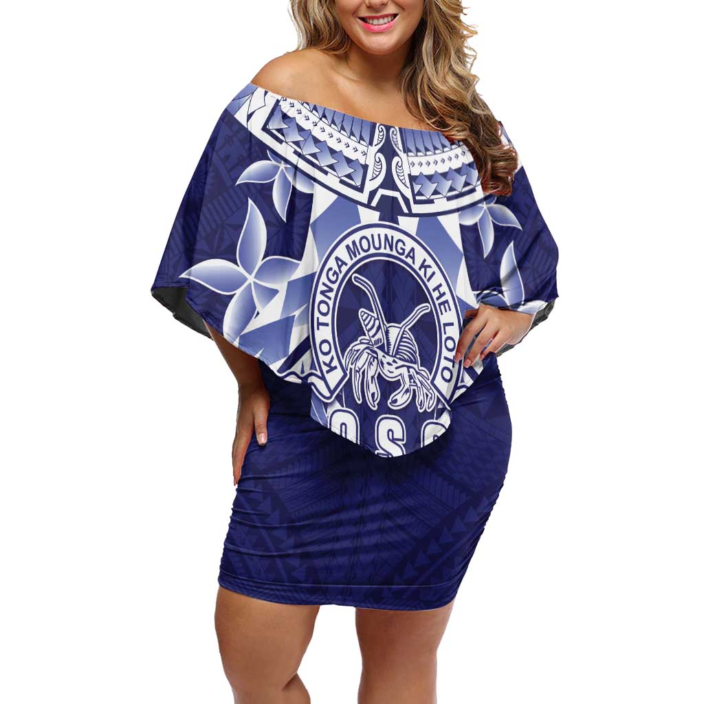 Personalised Tonga Queen Salote College Family Matching Off Shoulder Short Dress and Hawaiian Shirt Centenary Navy Version