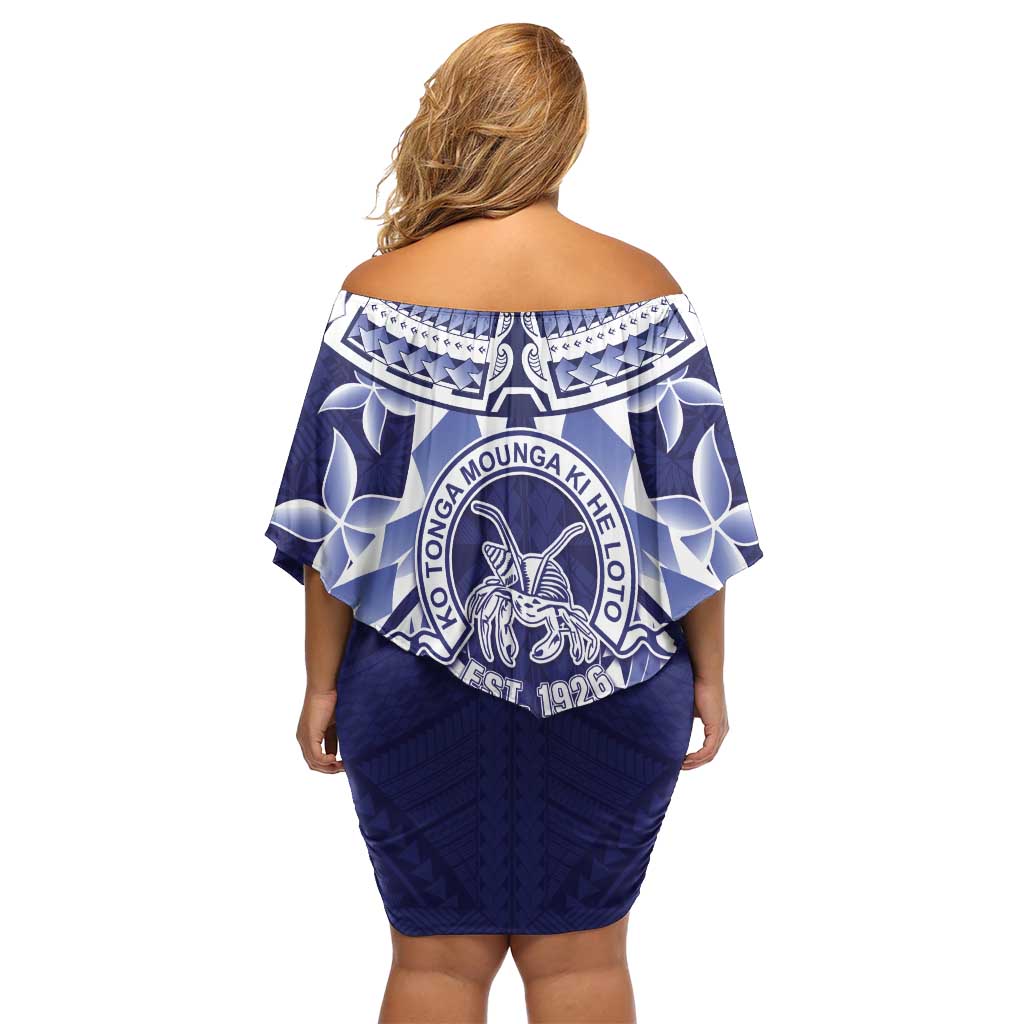 Personalised Tonga Queen Salote College Family Matching Off Shoulder Short Dress and Hawaiian Shirt Centenary Navy Version