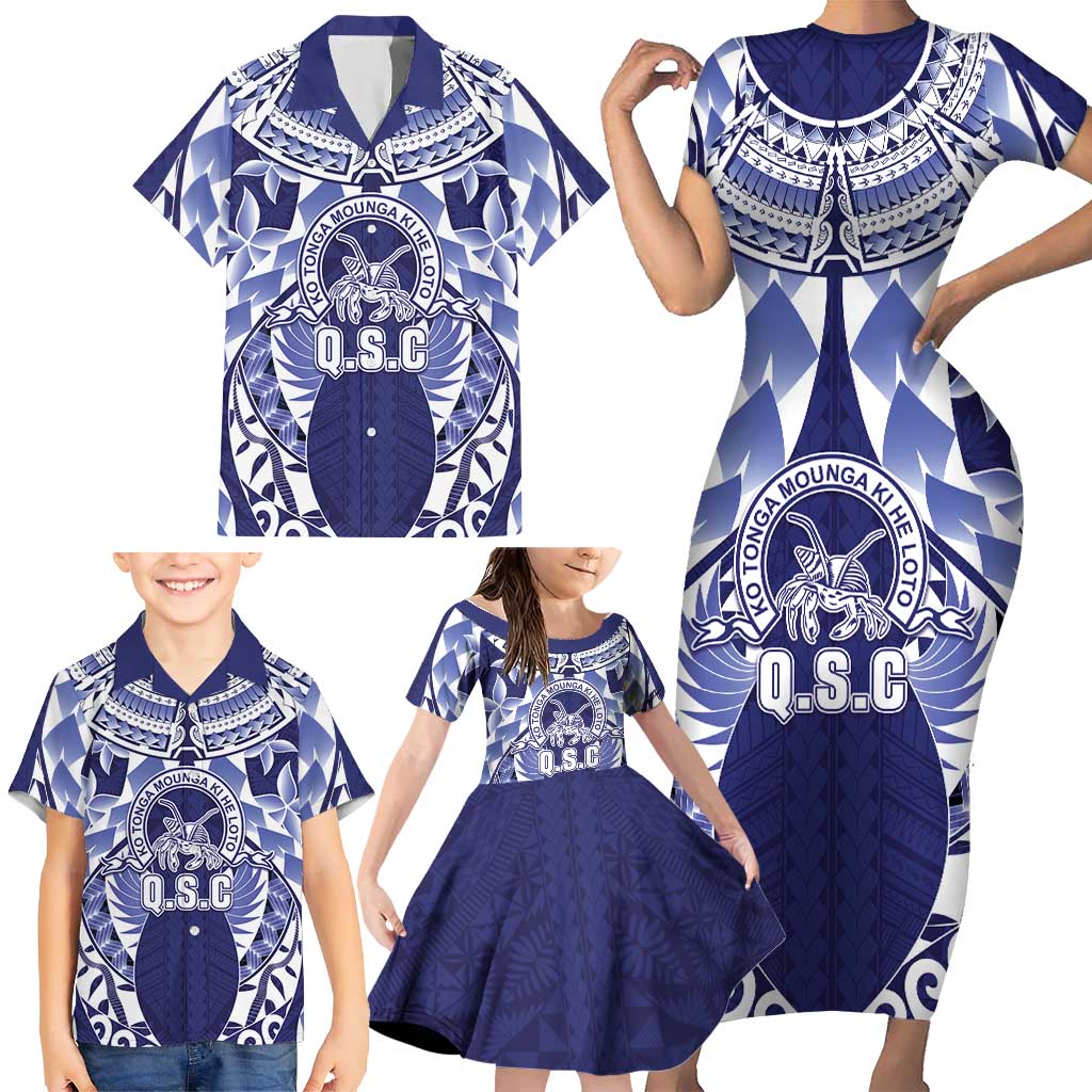 Personalised Tonga Queen Salote College Family Matching Short Sleeve Bodycon Dress and Hawaiian Shirt Centenary Navy Version LT05 - Polynesian Pride