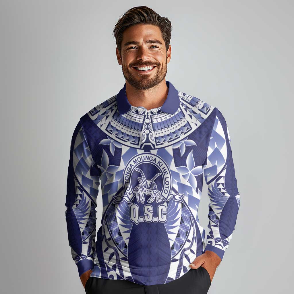 Personalised Tonga Queen Salote College Long Sleeve Polo Shirt Centenary Navy Version LT05 - Polynesian Pride