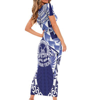 Personalised Tonga Queen Salote College Short Sleeve Bodycon Dress Centenary Navy Version LT05 - Polynesian Pride