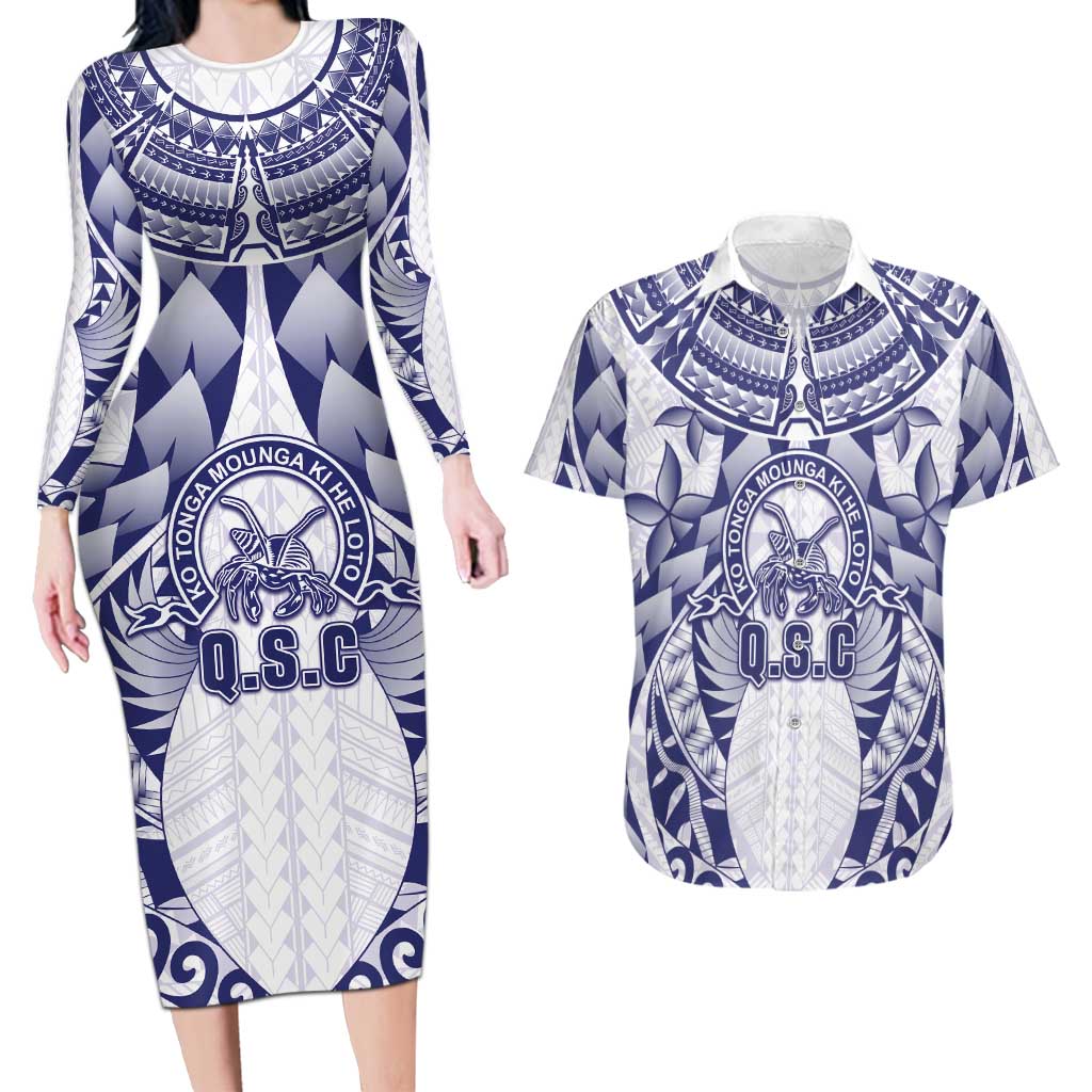 Personalised Tonga Queen Salote College Couples Matching Long Sleeve Bodycon Dress and Hawaiian Shirt Centenary White Version