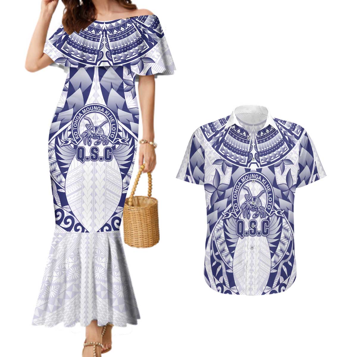 Personalised Tonga Queen Salote College Couples Matching Mermaid Dress and Hawaiian Shirt Centenary White Version