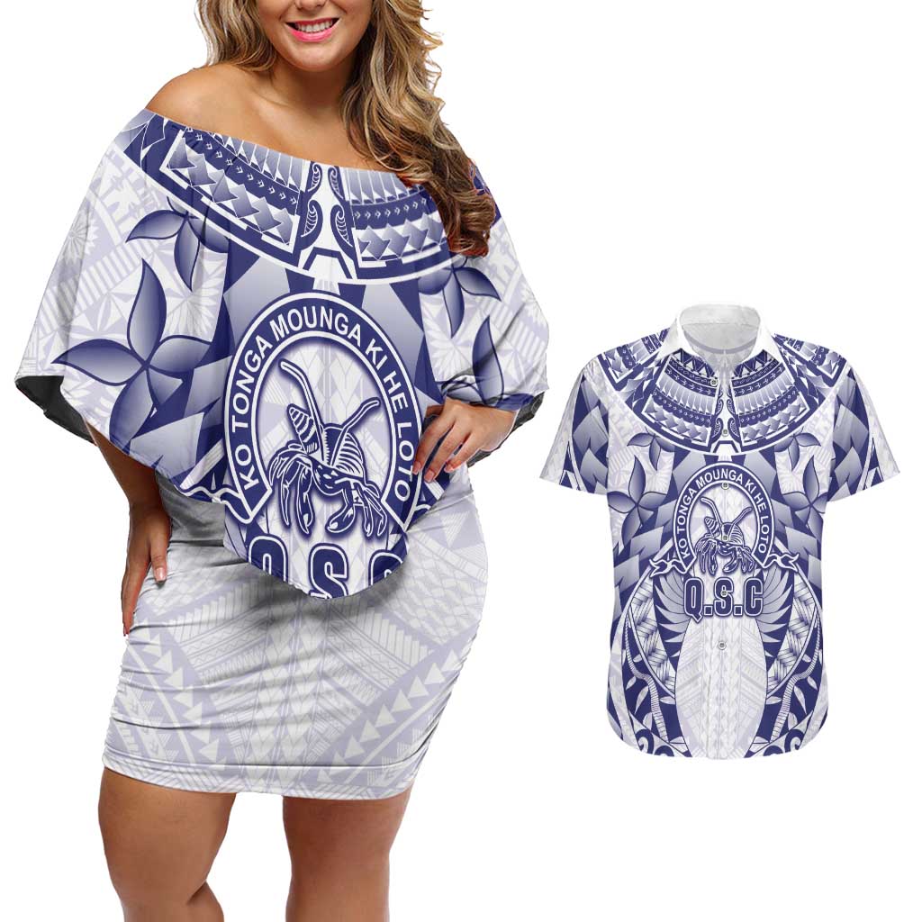 Personalised Tonga Queen Salote College Couples Matching Off Shoulder Short Dress and Hawaiian Shirt Centenary White Version