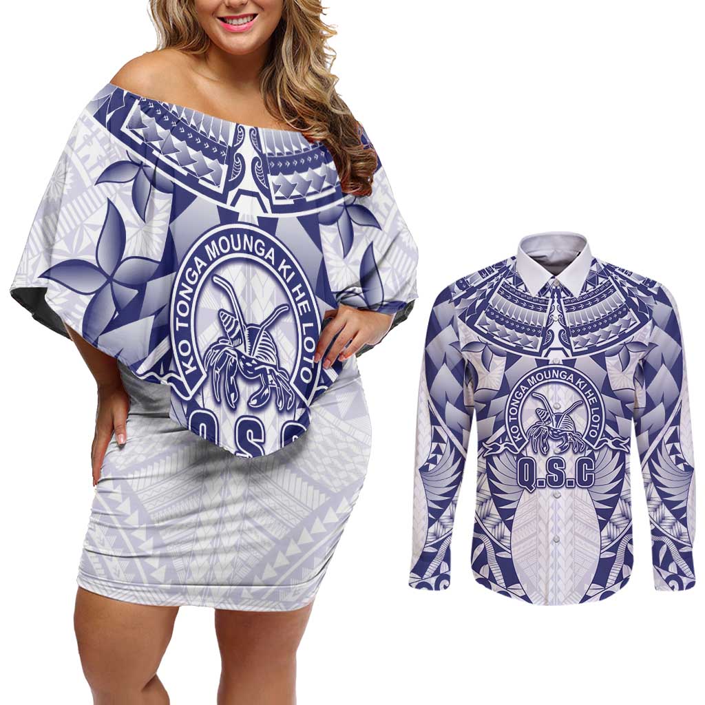 Personalised Tonga Queen Salote College Couples Matching Off Shoulder Short Dress and Long Sleeve Button Shirt Centenary White Version