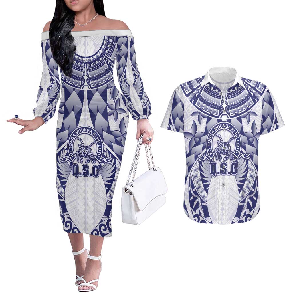 Personalised Tonga Queen Salote College Couples Matching Off The Shoulder Long Sleeve Dress and Hawaiian Shirt Centenary White Version