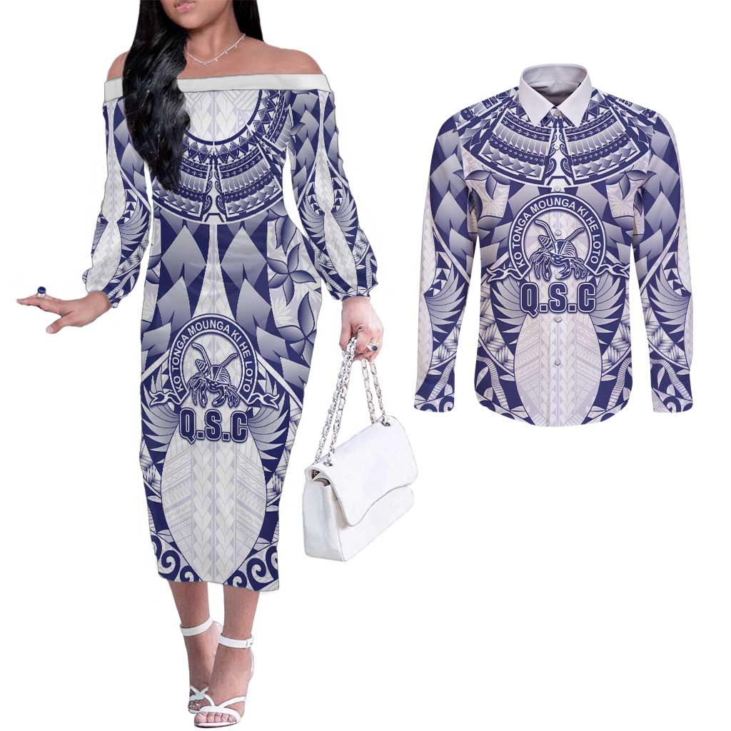 Personalised Tonga Queen Salote College Couples Matching Off The Shoulder Long Sleeve Dress and Long Sleeve Button Shirt Centenary White Version