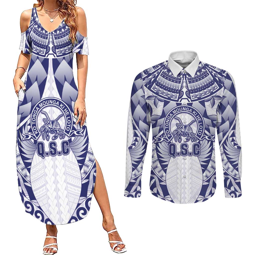 Personalised Tonga Queen Salote College Couples Matching Summer Maxi Dress and Long Sleeve Button Shirt Centenary White Version