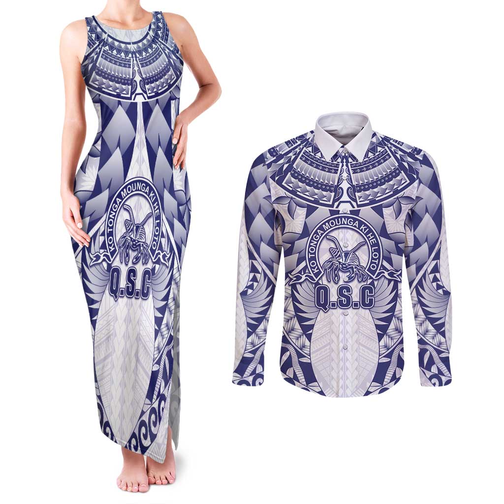 Personalised Tonga Queen Salote College Couples Matching Tank Maxi Dress and Long Sleeve Button Shirt Centenary White Version