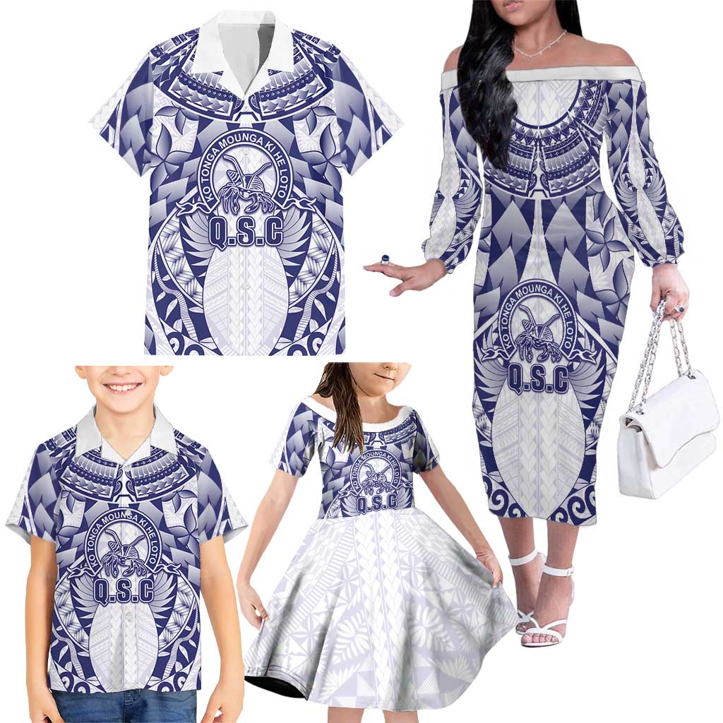 Personalised Tonga Queen Salote College Family Matching Off The Shoulder Long Sleeve Dress and Hawaiian Shirt Centenary White Version