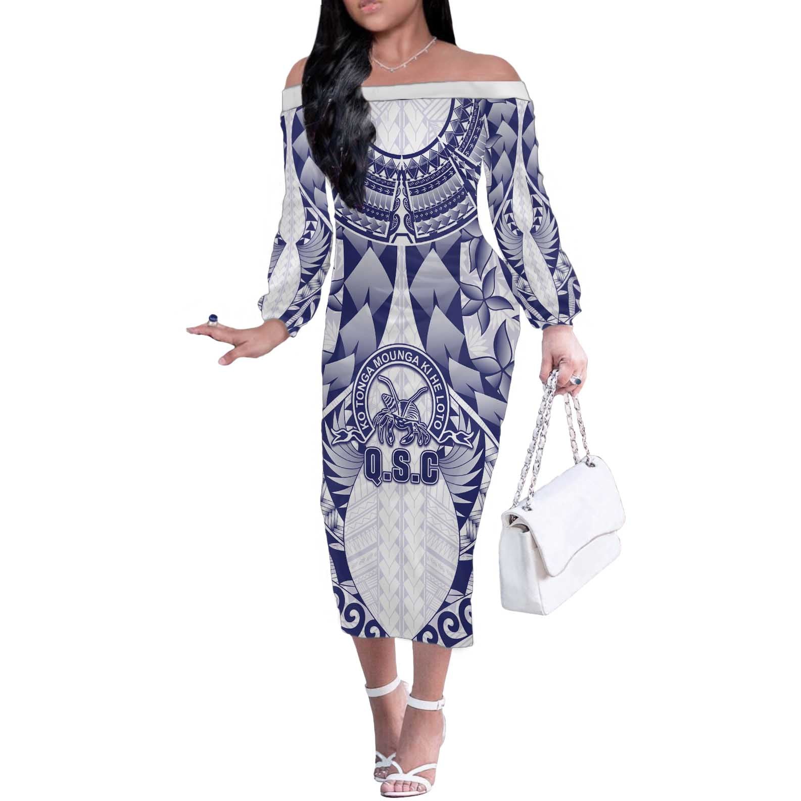 Personalised Tonga Queen Salote College Off The Shoulder Long Sleeve Dress Centenary White Version