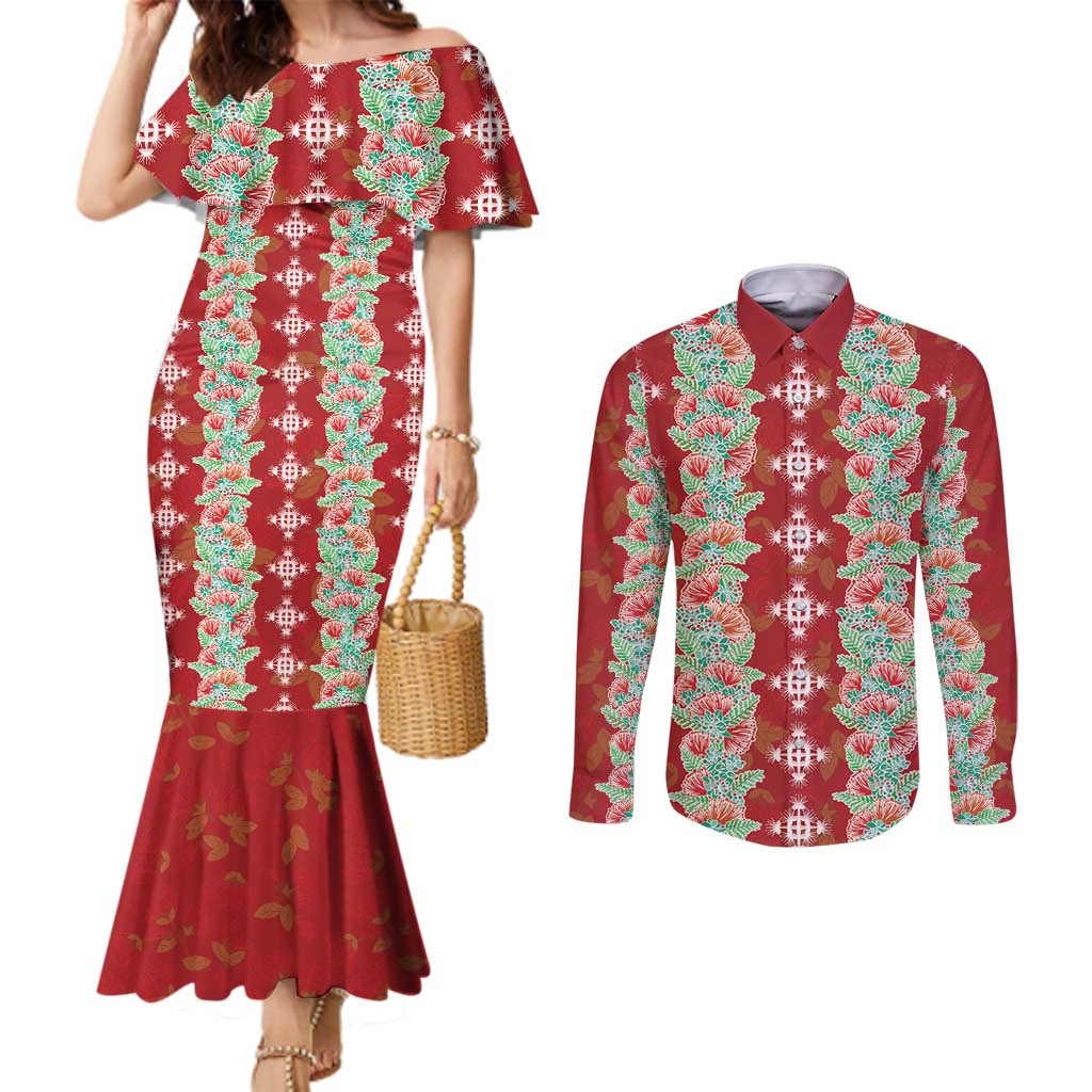 Hawaii Ohia Lehua Couples Matching Mermaid Dress and Long Sleeve Button Shirt Tropical Vibes Crimson